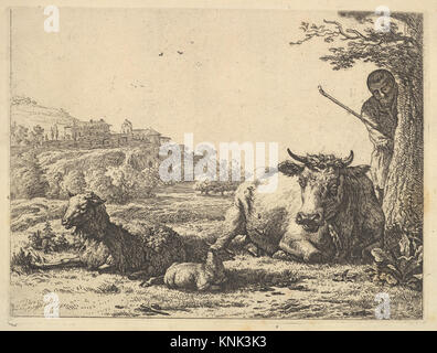 Cow, adult sheep, and young sheep lying in the grass; beyond, a shepherd stands partially behind a tree, print by Dutch Golden Age printer Karel Dujardin (1626-1678), 1656 Stock Photo