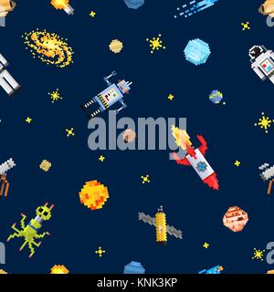 space seamless pattern background, alien spaceman, robot rocket and satellite cubes solar system planets pixel art, digital vintage game style. Mercury, Venus, Earth, Mars, Jupiter, Saturn. Stock Vector
