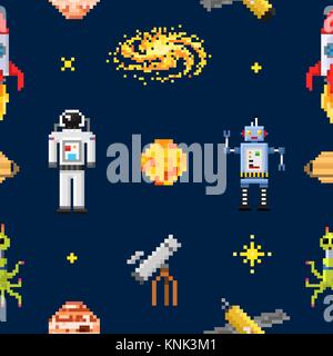 space seamless pattern background, alien spaceman, robot rocket and satellite cubes solar system planets pixel art, digital vintage game style. Mercury, Venus, Earth, Mars, Jupiter, Saturn. Stock Vector