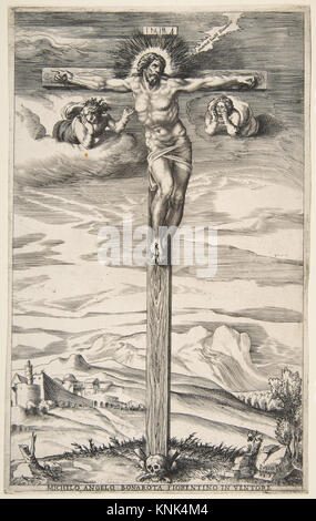 Crucifixion with Two Angels; Artist: Giulio Bonasone (Italian, active Rome and Bologna, 1531–after 1576), After Michelangelo Buonarroti (Italian, Caprese 1475–1564 Rome), ca. 1540 Stock Photo