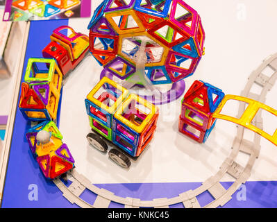 View from above on multi-colored toy railway in a toy-shop Stock Photo