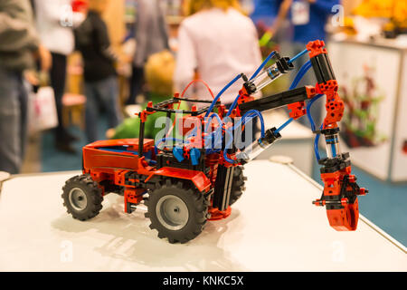 Close-up of little handmade toy car made from construction and electronic components. Robotics concept Stock Photo