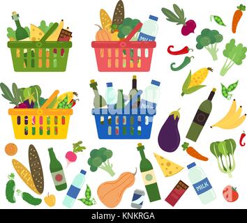 Set of baskets full of organic food and content Stock Vector