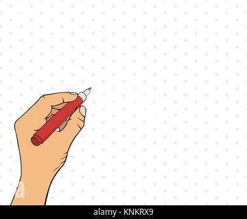Hand of caucasian man drawing speech in pop art illustration style Stock Vector