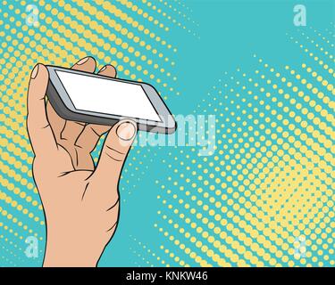 Pop art copyspace background with caucasian male hand holding a smart phone with empty screen Stock Vector