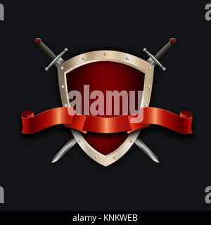 Medieval riveted shield,two swords and elegant red ribbon on black background for the design. Stock Photo