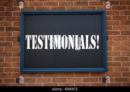 Conceptual hand writing text caption showing announcement Testimonials. Business concept for  Consumer Comment Opinion written on frame old brick back Stock Photo