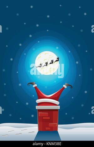 Santa claus stuck in the Chimney - funny illustration card Stock Vector