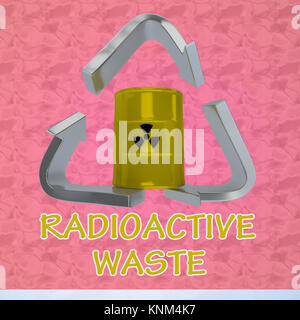 3D illustration of 'RADIOACTIVE WASTE' title with a barrel in a recycling symbol as a background Stock Photo