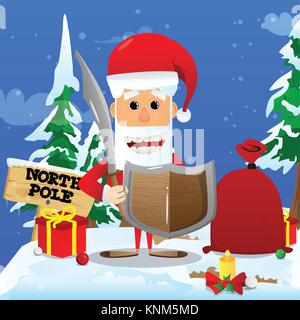 Santa Claus preparing to give a sword and shield for Christmas. Vector cartoon character illustration. Stock Vector
