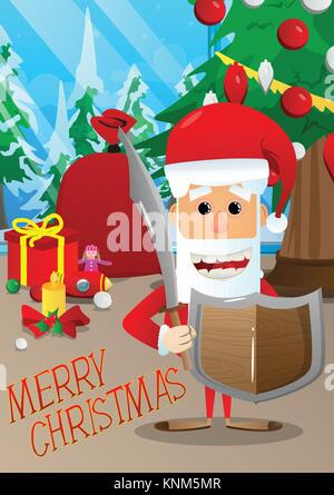 Santa Claus preparing to give a sword and shield for Christmas. Vector cartoon character illustration. Stock Vector