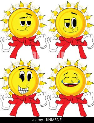 Cartoon sun with hands in rocker pose. Collection with happy faces. Expressions vector set. Stock Vector