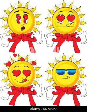Cartoon sun tying ribbon on its neck. Collection with various facial expressions. Vector set. Stock Vector