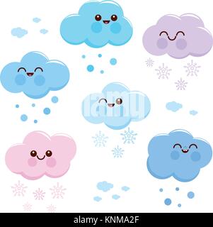 Vector set of cute and colorful pastel colored cloud characters and snowflakes. Stock Vector