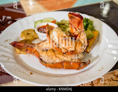 Two middle of a rosted lobster in a white dish Stock Photo