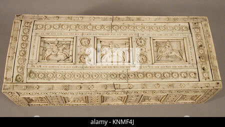 Casket with Warriors and Mythological Figures, 10th-11th century, Made in Constantinople, Byzantine Culture, Medium: Bone plaques and ornamental strips over wood; silver lock plate Stock Photo