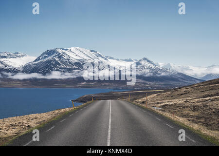 Beautiful morning view down Route 82 towards Dalvik in North Iceland Stock Photo