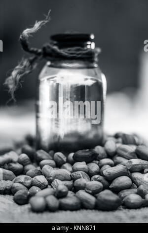 [Arachis hypogaea] Raw Groundnut in a clay bowl with groundnut oil on a gunny background.; Stock Photo