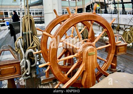 Historic USS Constellation navy ship wheel, Baltimore, MD, USA Stock Photo