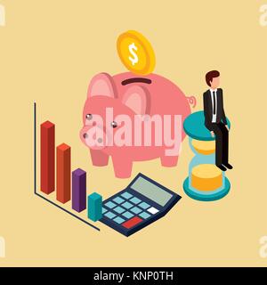 businessman sitting in clock piggy coin graph and calculator isometric Stock Vector