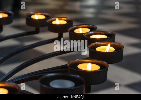 Church Prayer Candles Metal Frame Closeup Perspective Texture Religious Light Burning Yellow Flame Stock Photo