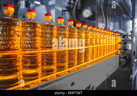 Oil in bottles. Industrial production of sunflower oil. Conveyor line for bottling and packing. Sunflower oil plant Stock Photo