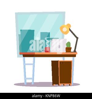 Office Workplace Concept Vector. Office Desk. Classic Work space. Desk, Computer Illustration. Stock Vector