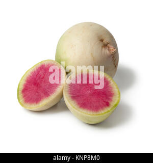 Fresh whole and half purple Japanese daikon radish on white background Stock Photo