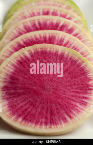 Slices of fresh raw watermelon radish close up. Stock Photo