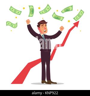 Happy Businessman Vector. Money Bills Falling. Office Worker Getting A Lot Of Money. Poster With Winner Cheerful Manager. Isolated Character Cartoon Illustration Stock Vector