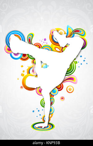 illustration of dancing man on colorful music card on white background Stock Photo