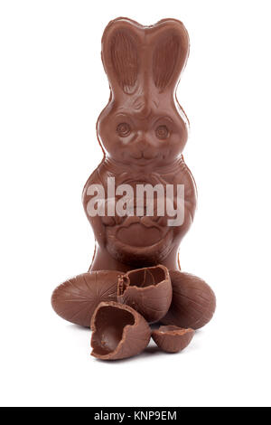 broken chocolate eggs and chocolate bunny Stock Photo