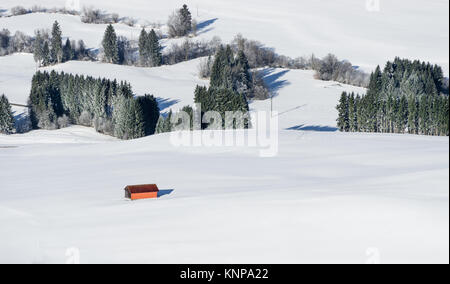 Orange barn building in white snow landscape. Aerial view of rural countryside on snowy winter day. Weitnau, Allgau, Bavaria, Germany. Stock Photo