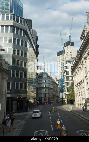 A view along Threadneedle Street looking  towards new construction in Bishopsgate. The Bank of England is on the Left. Stock Photo