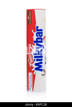 LONDON, UK -DECEMBER 07, 2017: Milkybar tube white chocolate Buttons on wgite background. Produced by Nestle. Stock Photo