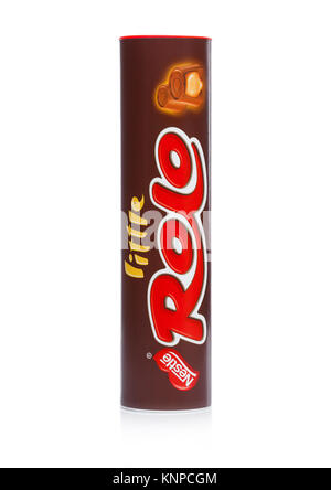 LONDON, UK -DECEMBER 07, 2017:  Rolo candy in tube on white background. Rolo is produced by Nestle, Swiss multinational company specialized on food an Stock Photo