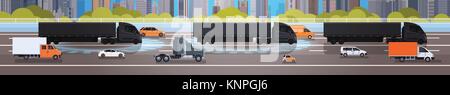 Horizontal Banner With Black Cargo Truck Trailers On Highway Road With Lorry And Cars Over City Background Concept Stock Vector