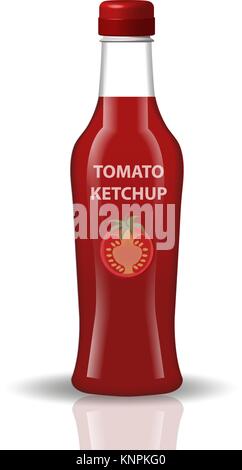 Tomato ketchup in a glass bottle, 3d realistic style. Papkrika red sauce, chili. Mock-up for your product design. Isolated on white background. Vector illustration. Stock Vector