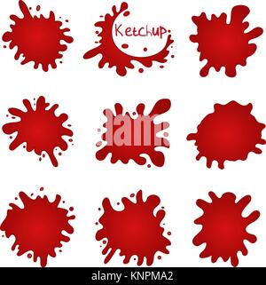 Splashes of tomato, stains and drops of ketchup. Tomato paste, juice spray. Red blots, isolated on white background. Vector illustration. Stock Vector