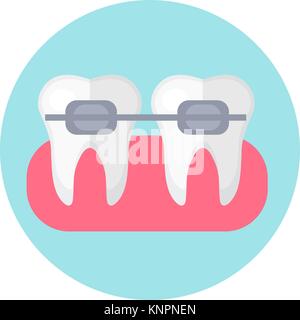Brackets on the teeth. Icon flat style. Dentistry, dentist concept. Isolated on white background. Vector illustration. Stock Vector