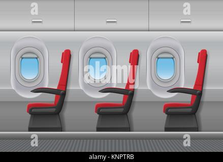 Passenger airplane red vector interior. Aircraft indoor cabin with portholes and chairs seats. Vector illustration. Stock Vector