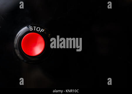 Stop Button Circle Red Text Black Background Big Bright Round Stock Photo
