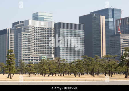 The View to Tokyo Station and the Mitsubishi buildings from the Kokyogaien National Park near the Imperial Palace, Tokyo,Japan Stock Photo