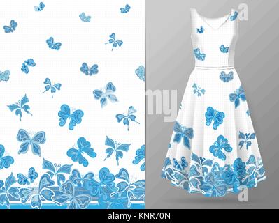 Vertical seamless pattern with hand draw butterfly on dress mockup. Vector Stock Vector