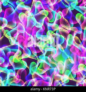 Abstract multicolor liquid vector seamless pattern. Colorful fluid overlapping shapes on black background. Glowing neon lights illustration. Stock Vector