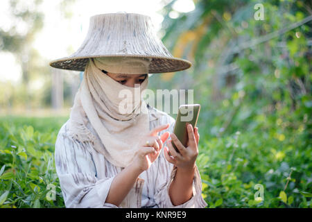 Close up shot farmer using mobile smartphone in the nature farm with ambient light Stock Photo