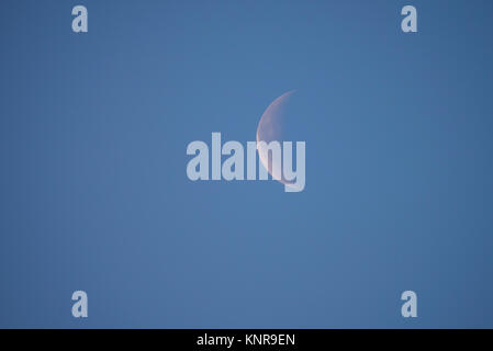 Waning crescent Moon in daytime, in blue sky. 30% illuminated Stock Photo