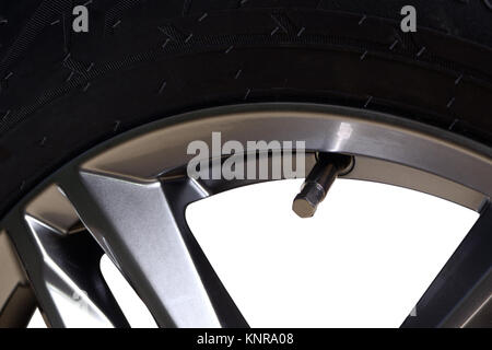 Air valve stem of wheel, close up Stock Photo