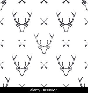 Deer head pattern. Wild animal symbols seamless background. Deers and arrows icons. Retro wallpaper. Stock vector illustration isolated on white. Stock Vector