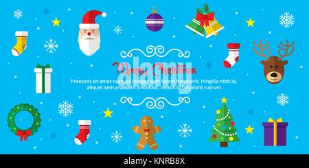 Merry Christmas background. Set of Christmas icons flat in vector illustration. Icon of bell, stocking, christmas tree, reindeer, present, Santa Claus Stock Vector